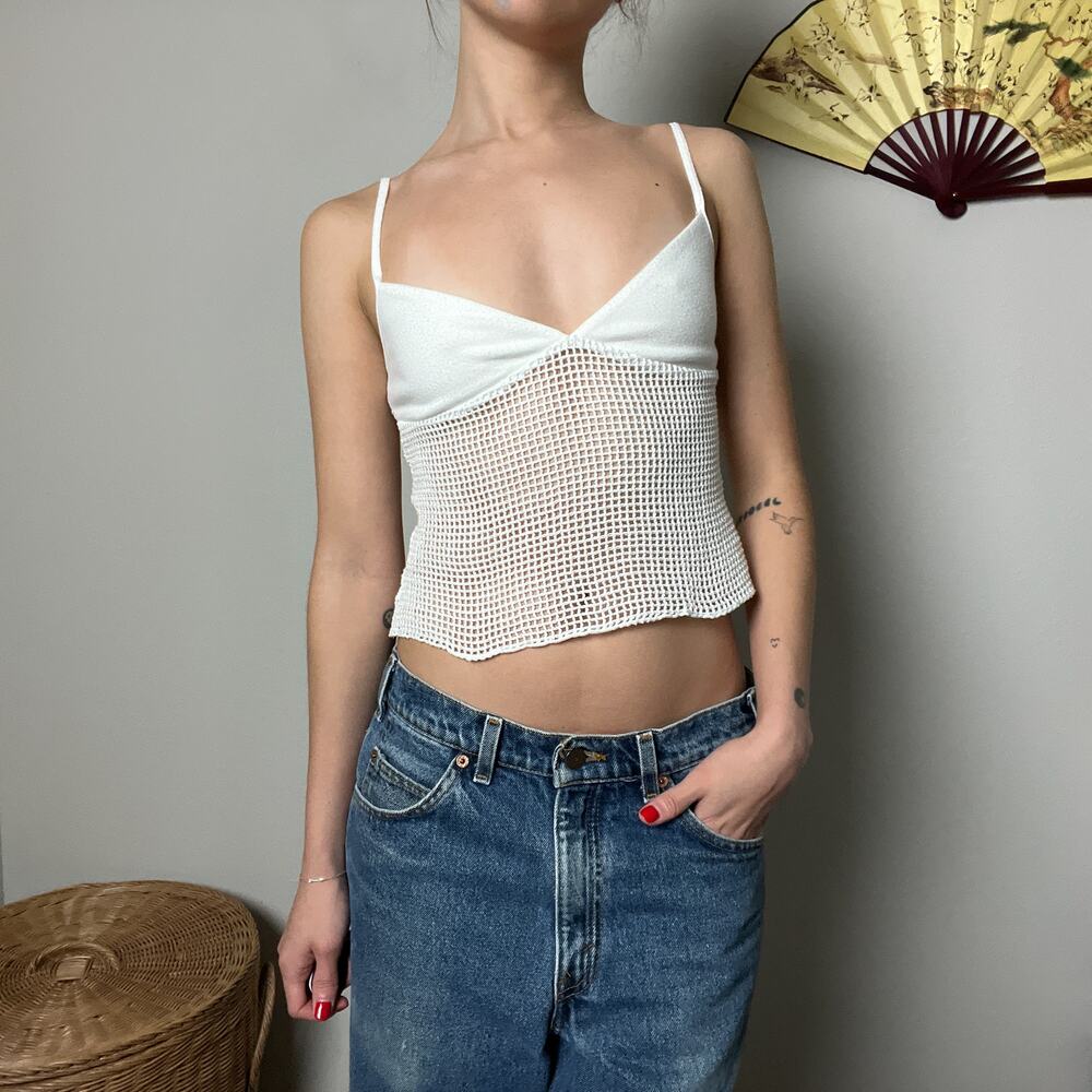 tiger mist white sheer crochet boho triangle cropped cami tank top